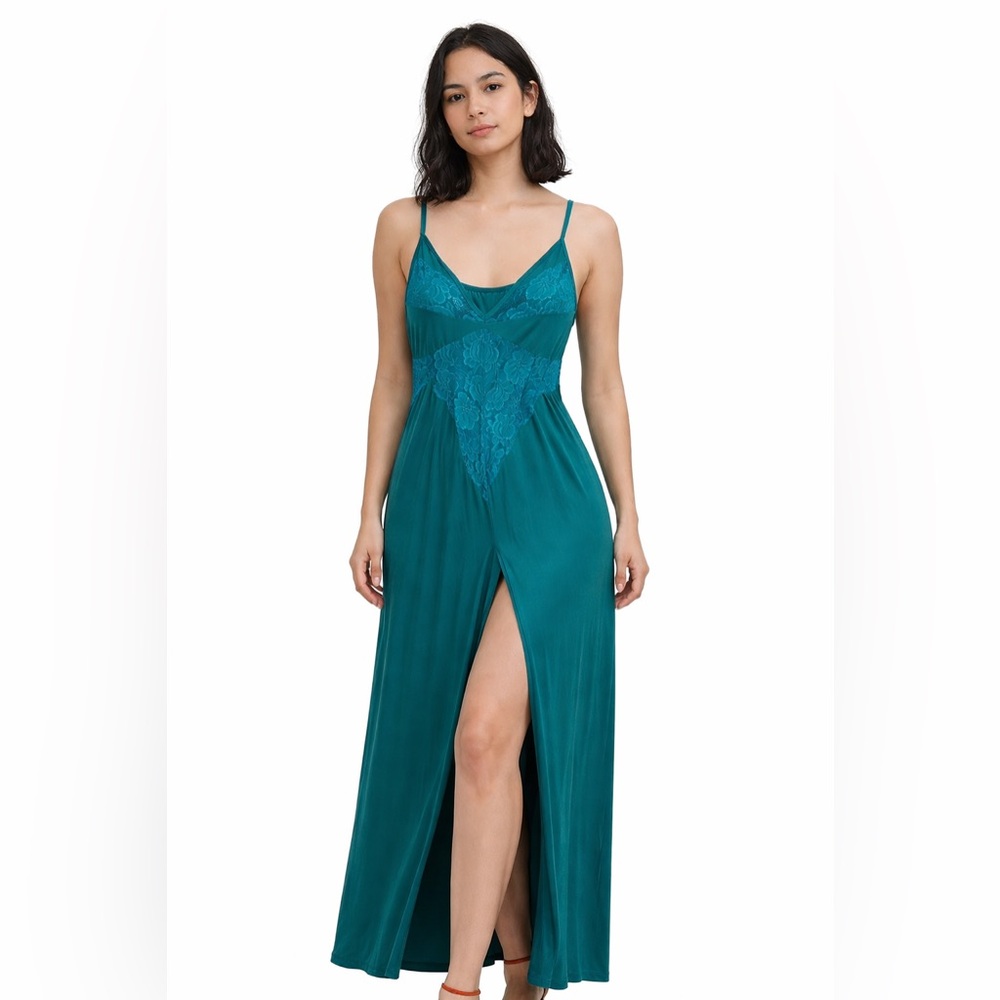 Teal Lace Slip Dress w/ Front Slit | Adjustable Straps | Soft & Flowy | L